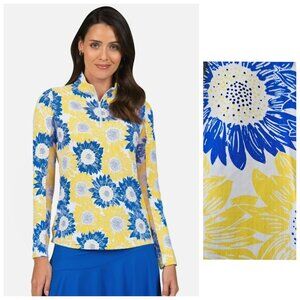 IBKUL Ruthie Sunflower UPF 50 Long Sleeve Quarter Zip Mock Neck Top Yellow Blue
